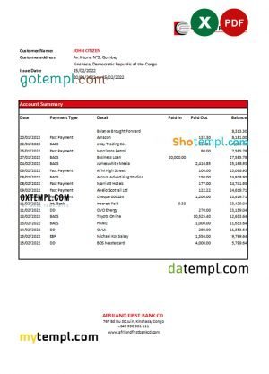 Congo Afriland First Bank statement Excel and PDF template (AutoSum)