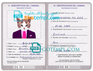 free Congo cat (animal, pet) passport PSD template, fully editable