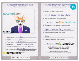 free Congo dog (animal, pet) passport PSD template, completely editable