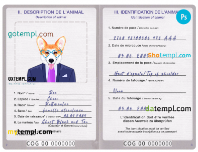 free Congo dog (animal, pet) passport PSD template, completely editable