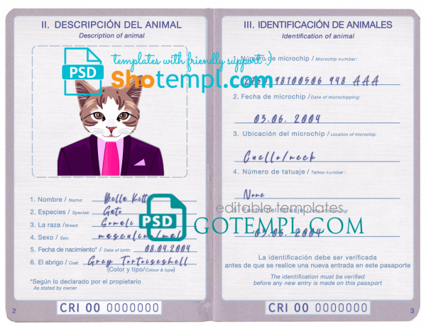free Costa Rica cat (animal, pet) passport PSD template, completely editable