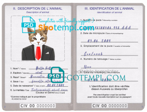 free Côte d’Ivoire cat (animal, pet) passport PSD template, fully editable