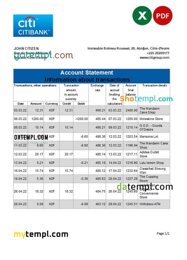 Cote d’Ivoire Citibank bank statement Excel and PDF template