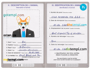 free Côte d’Ivoire dog (animal, pet) passport PSD template, fully editable