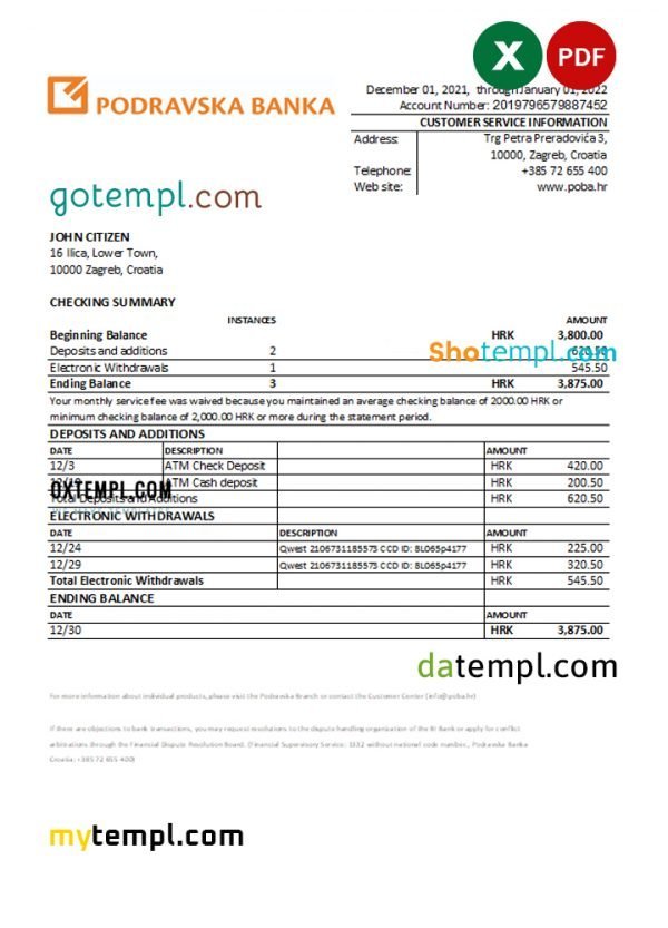 Croatia Podravska bank statement Excel and PDF template