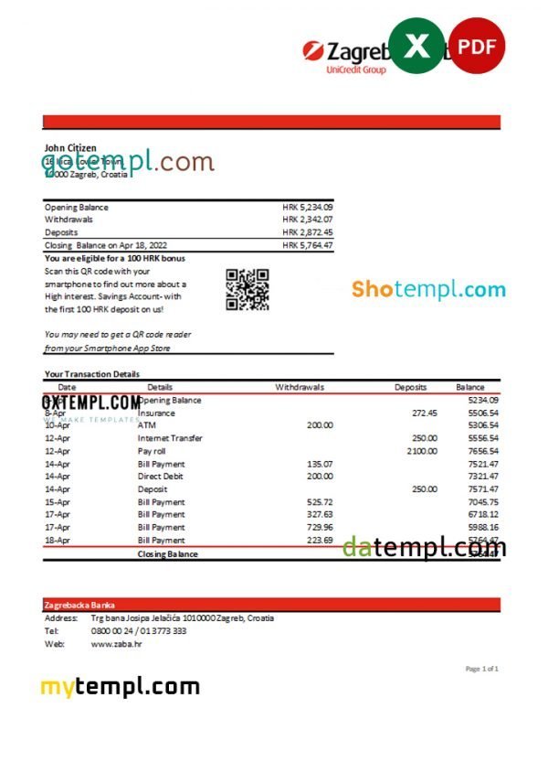 Croatia Zagrebačka Bank statement Excel and PDF template