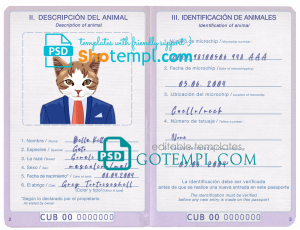 free Cuba cat (animal, pet) passport PSD template, completely editable