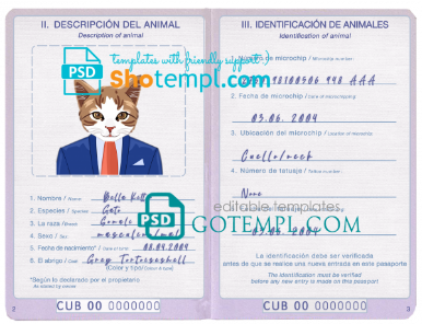 free Cuba cat (animal, pet) passport PSD template, completely editable