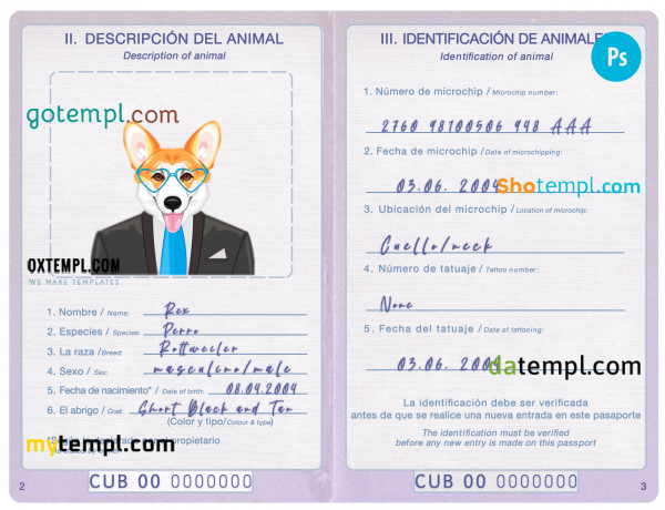 free Cuba dog (animal, pet) passport PSD template, completely editable