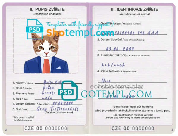 free Czech Republic cat (animal, pet) passport PSD template, fully editable