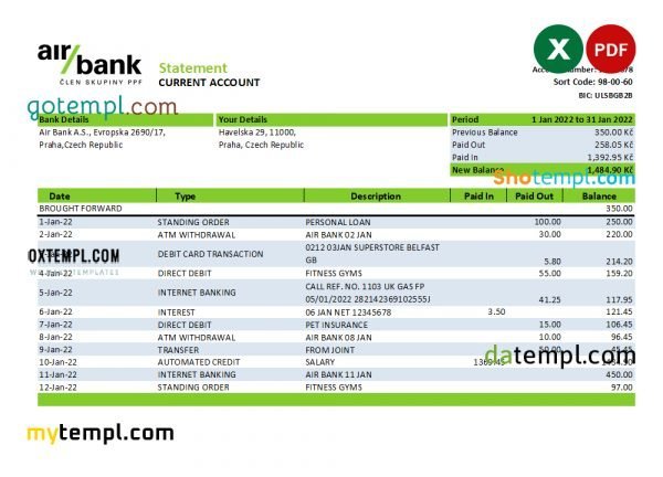 Czechia Air bank statement Excel and PDF template