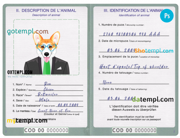 free Democratic Republic of the Congo dog (animal, pet) passport PSD template, fully editable