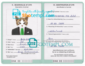 free Denmark cat (animal, pet) passport PSD template, completely editable