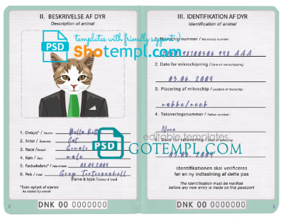 free Denmark cat (animal, pet) passport PSD template, completely editable