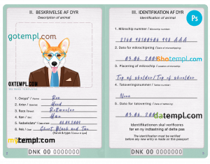 free Denmark dog (animal, pet) passport PSD template, fully editable