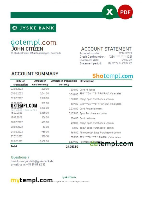 Denmark Jyske bank statement Excel and PDF template