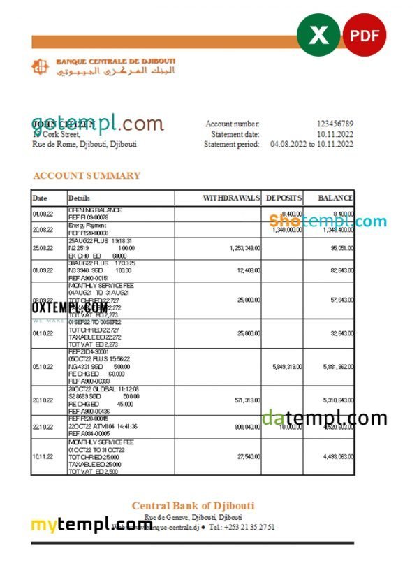 Djibouti Central Bank of Djibouti statement Excel and PDF template