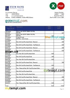 Djibouti Exim bank statement Excel and PDF template