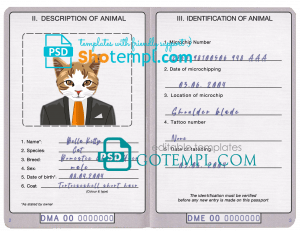 free Dominica cat (animal, pet) passport PSD template, completely editable