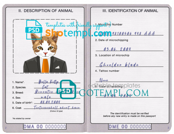 free Dominica cat (animal, pet) passport PSD template, completely editable