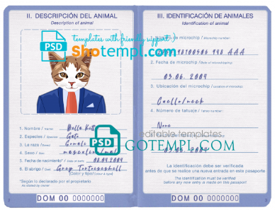 free Dominican Republic cat (animal, pet) passport PSD template, fully editable