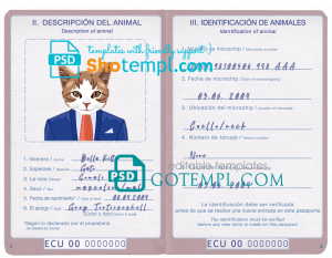 free Ecuador cat (animal, pet) passport PSD template, completely editable
