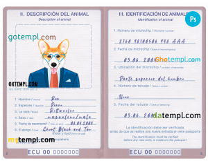 free Ecuador dog (animal, pet) passport PSD template, fully editable