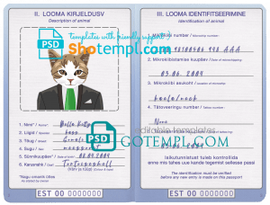 free Estonia cat (animal, pet) passport PSD template, fully editable