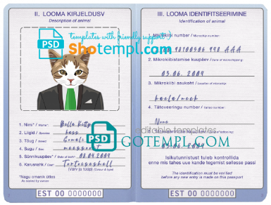 free Estonia cat (animal, pet) passport PSD template, fully editable