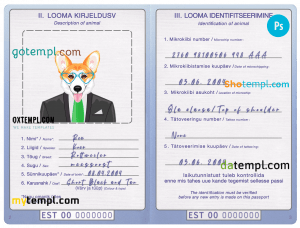 free Estonia dog (animal, pet) passport PSD template, fully editable