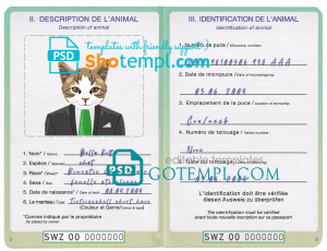 free Eswatini (Swaziland) cat (animal, pet) passport PSD template, completely editable