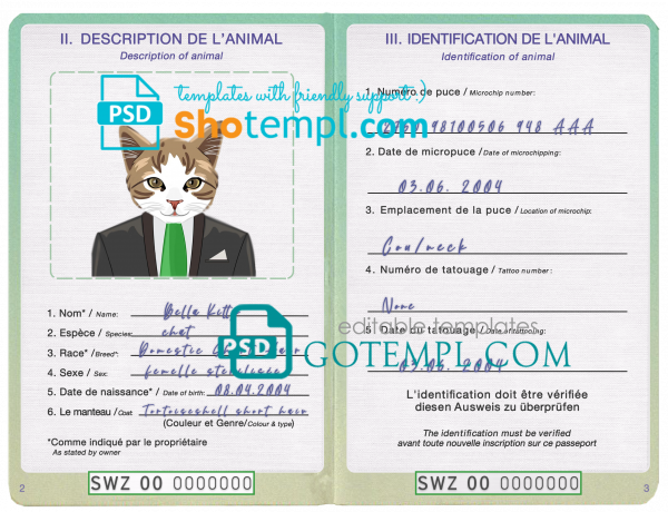 free Eswatini (Swaziland) cat (animal, pet) passport PSD template, completely editable