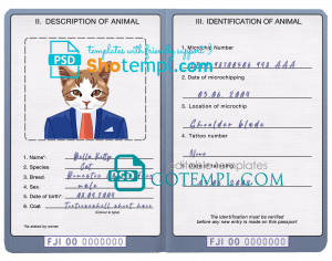 free Fiji cat (animal, pet) passport PSD template, completely editable