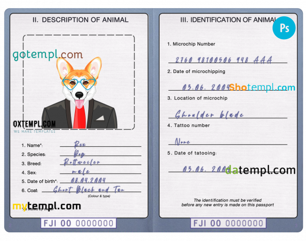 free Fiji dog (animal, pet) passport PSD template, completely editable