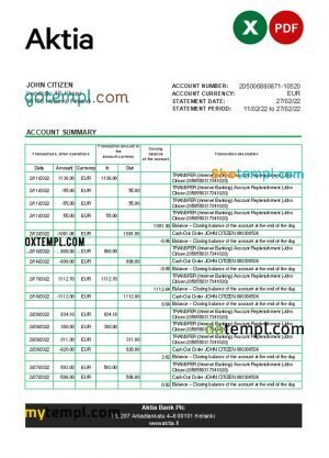 Ukraine Privatbank statement template, Word and PDF format (.doc and .pdf)