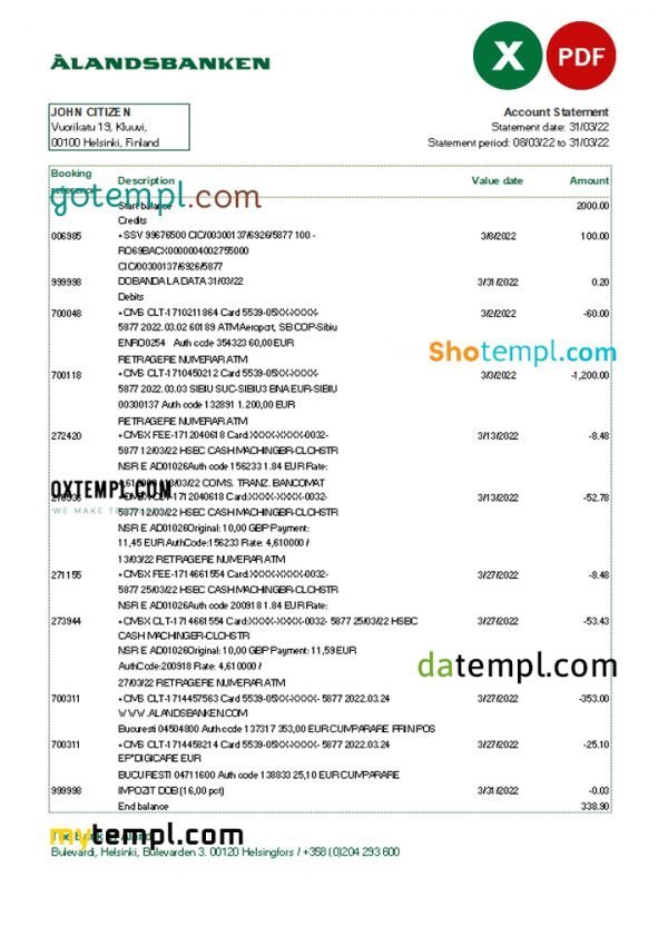 Finland Aland bank statement Excel and PDF template