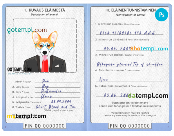 free Finland dog (animal, pet) passport PSD template, fully editable