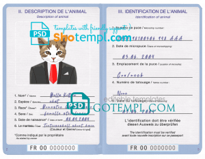 free France cat (animal, pet) passport template, fully editable