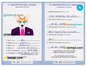 free France dog (animal, pet) passport PSD template, completely editable