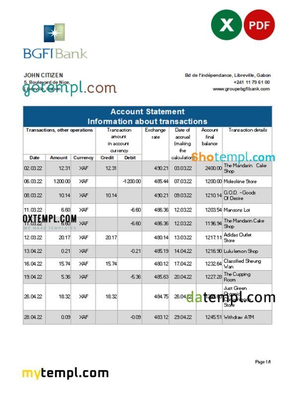 Gabon BGFI bank statement Excel and PDF template