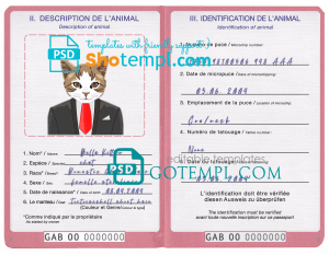 free Gabon cat (animal, pet) passport PSD template, fully editable