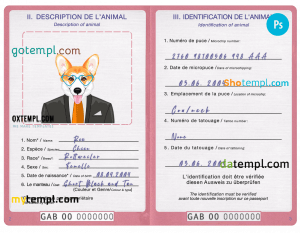 free Gabon dog (animal, pet) passport PSD template, completely editable