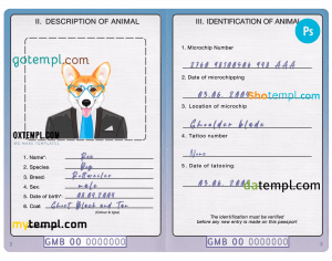 free Gambia dog (animal, pet) passport PSD template, fully editable