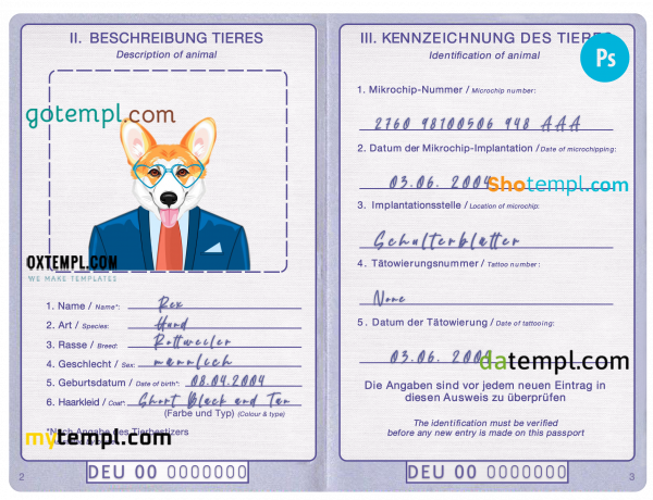 free Germany dog (animal, pet) passport PSD template, fully editable