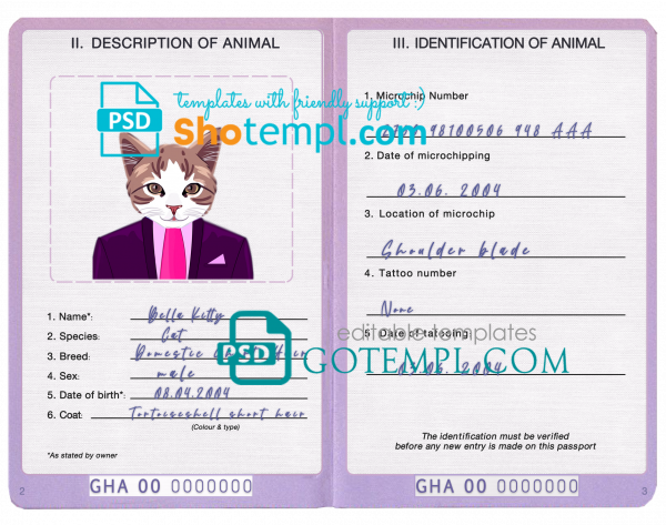 free Ghana cat (animal, pet) passport PSD template, completely editable