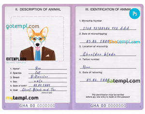 free Ghana dog (animal, pet) passport PSD template, fully editable