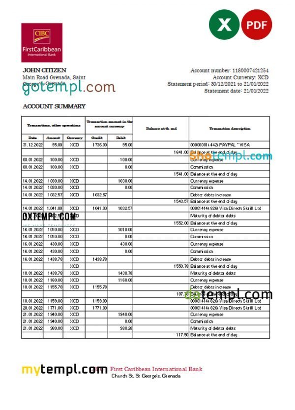 Grenada CIBC bank statement Excel and PDF template