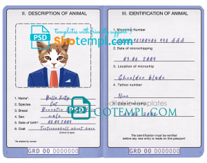 free Grenada cat (animal, pet) passport PSD template, fully editable