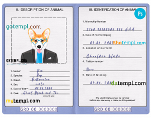 free Grenada dog (animal, pet) passport PSD template, fully editable