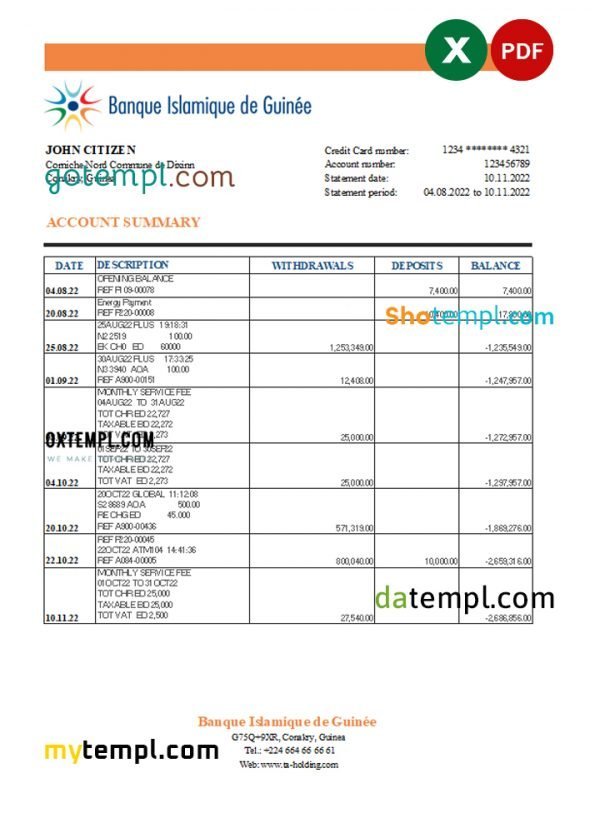 Guinea Banque Islamique de Guinée bank statement Excel and PDF template